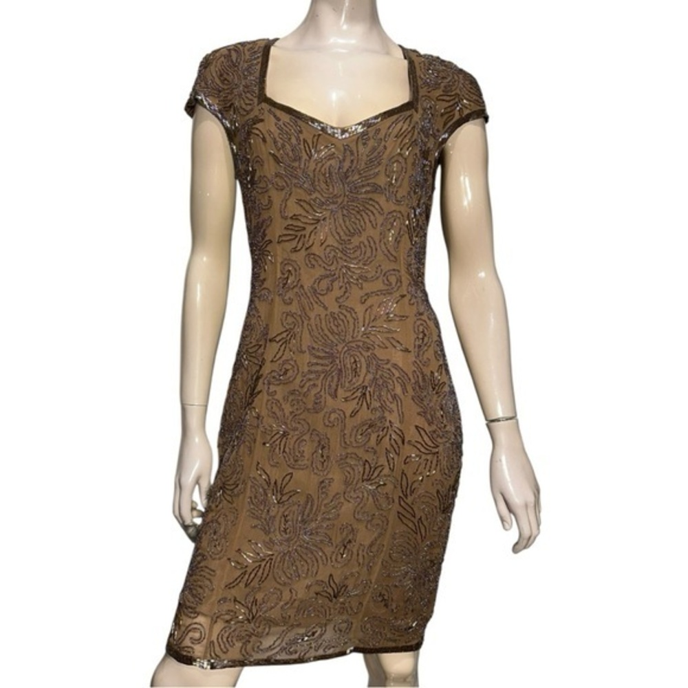 A.J. Bari Women’s Size 10 Brown Beaded Silk Cap Sleeve Sweetheart Neck Dress